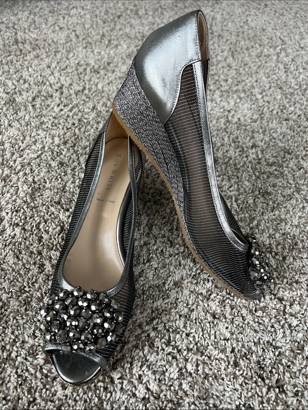 Ron White Women's Silver Mesh Peep-Toe Wedge Shoes Size 9.5